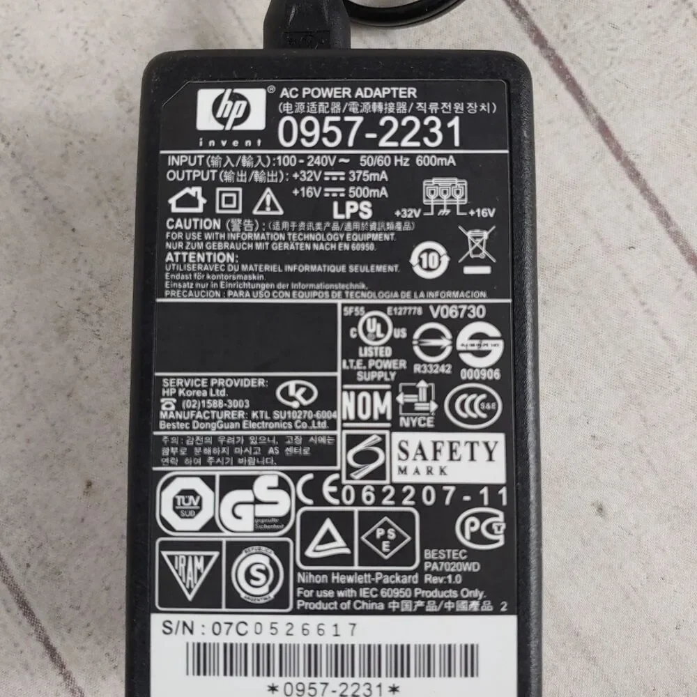 HP 0957-2231 AC Power Adapter Printer Supply 32V 375mA 16V 500mA TESTED WORKING
